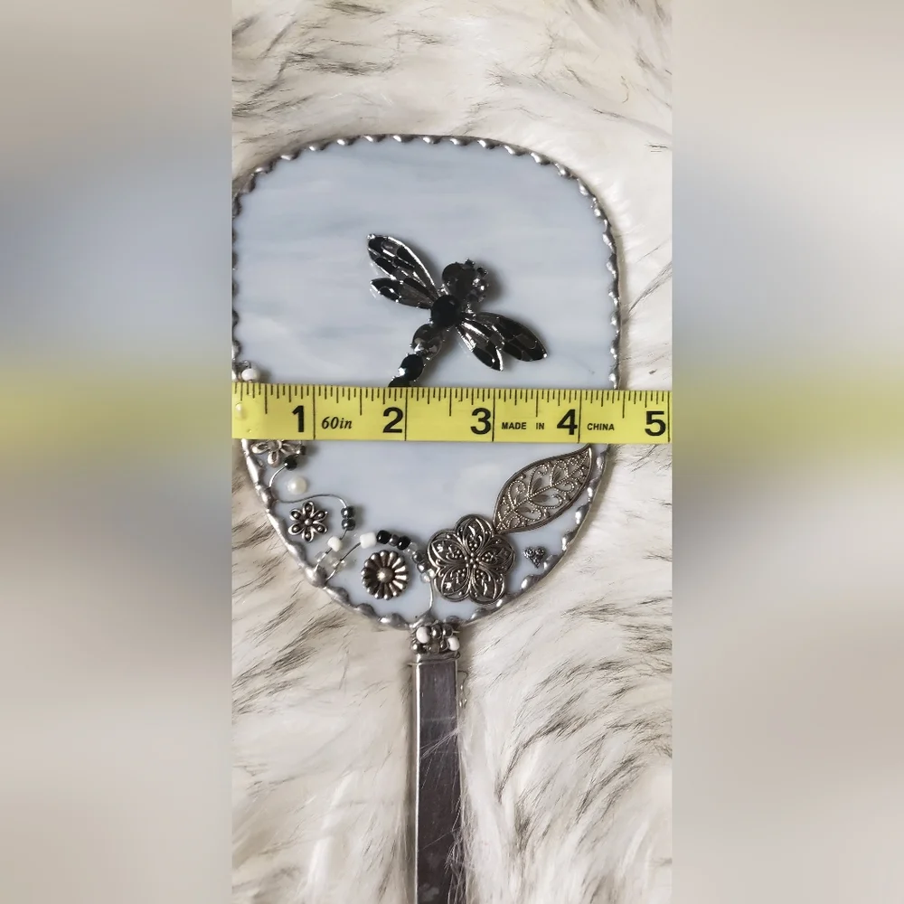 Vintage Long Vanity Hand Held Mirror Gemed Dragonfly. Silver